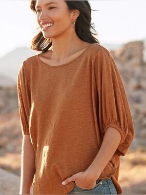 Bellambra Made in Italy 100% Linen Rust Color, Oversized Puff Sleeve Top Medium